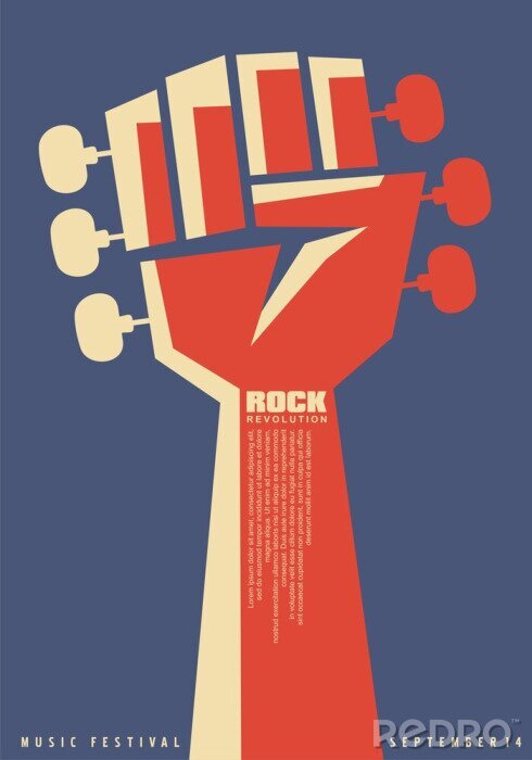 Poster  Rock revolution creative poster idea with revolutionary fist and guitar neck with tuning pegs. Music event flat flyer template. Musical vector illustration for punk or hard rock festival.