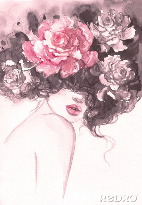 Poster  Roses aquarelles sensuelles dans les cheveux