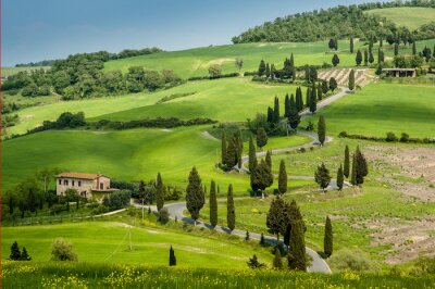 Route avec des courbes et des cyprès en Toscane, Italie