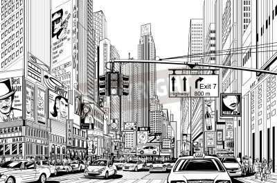 Poster  Rue monochrome de New York dans un style cartoon