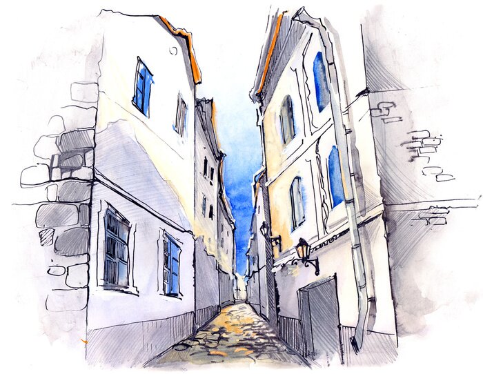 Poster  Ruelle peinte sous un ciel bleu