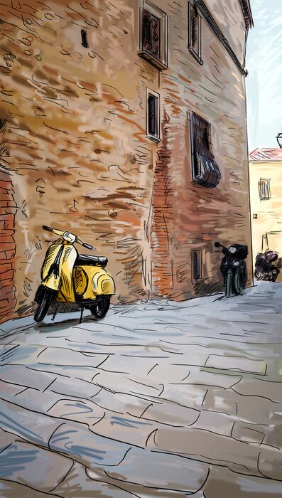 Poster  Rues de Toscane sur une illustration en couleur