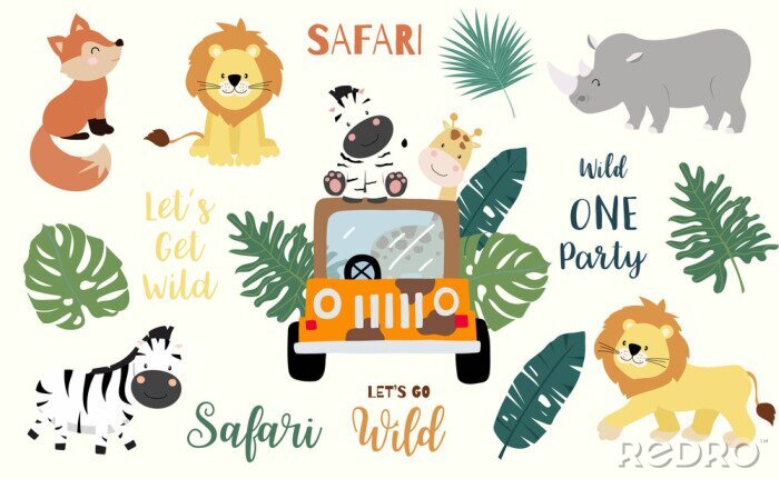 Poster  Safari object set with fox,giraffe,zebra,lion,leaves,car. illustration for logo,sticker,postcard,birthday invitation.Editable element