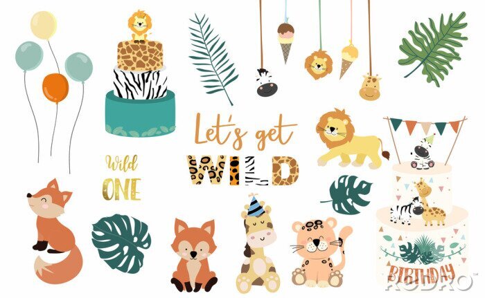 Poster  Safari object set with fox,giraffe,zebra,lion,leaves. illustration for logo,sticker,postcard,birthday invitation.Editable element