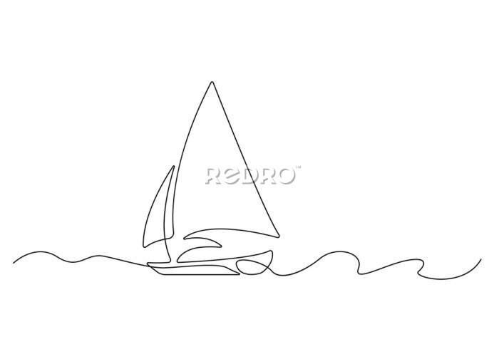 Poster  Sailboat One Line Drawing, Vector Continuous Single Line Art Yacht Isolated on White Background. Sailboat Minimalism Hand Drawn Style. Minimalist Sketch Contour Art.