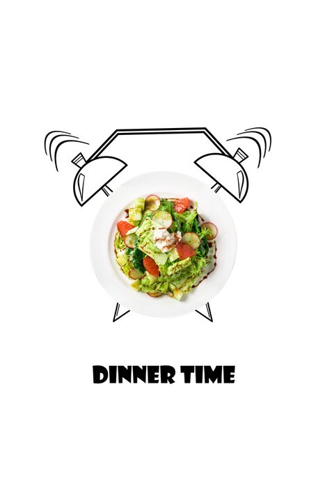 Poster  Salade sur assiette avec réveil. Concept de l'heure du dîner. Illustration de la nourriture isolée sur fond blanc.