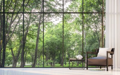 Salon moderne avec vue sur le jardin Image en 3D. Il y a une grande fenêtre donnant sur le jardin environnant et la nature
