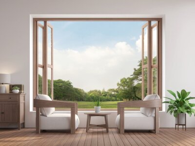 Salon moderne contemporain avec rendu 3d, planchers en bois, tissus et meubles en bois, grande fenêtre ouverte donnant sur le jardin.