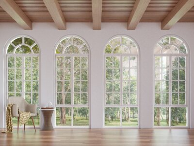 Salon scandinave image de rendu 3d. Les chambres ont des planchers en bois et des plafonds avec des murs blancs. Il y a une fenêtre en forme d'arc donnant sur la nature.