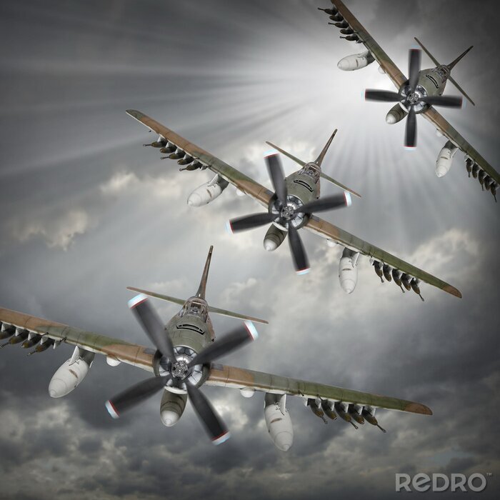 Poster  Scène dramatique sur le ciel. Vieux bombardiers entrants provenant de soleil.