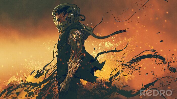 Poster  sci-fi character of an infected astronaut standing on fire, digital art style, illustration painting