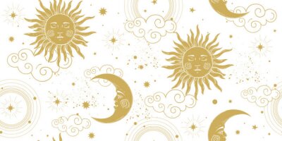 Poster  Seamless celestial pattern with golden sun and crescent moon on white background, vintage boho ornament for astrology and tarot. Modern vector hand drawing illustration.
