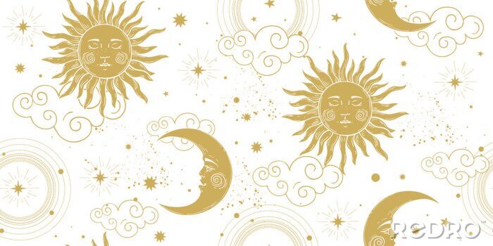 Poster  Seamless celestial pattern with golden sun and crescent moon on white background, vintage boho ornament for astrology and tarot. Modern vector hand drawing illustration.
