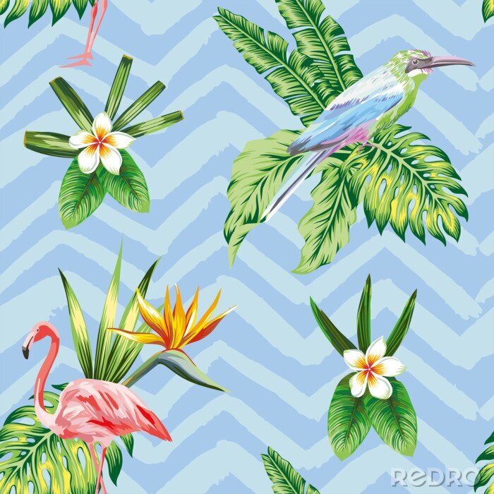 Poster  Seamless composition de tropical oiseau fleurs et plantes bleu zigzag fond