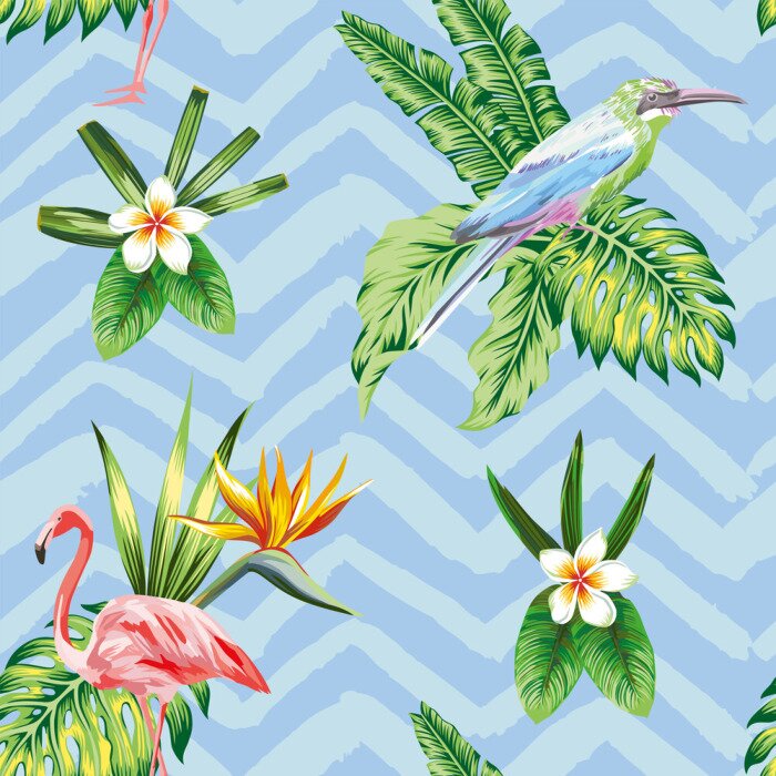 Poster  Seamless composition de tropical oiseau fleurs et plantes bleu zigzag fond