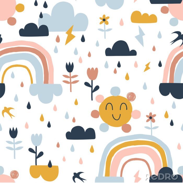 Poster  Seamless cute pattern with hand drawn rainbows, rain drops, clouds sun, flowers and martlets. Creative scandinavian childish background for fabric, wrapping, textile, wallpaper, apparel. Vector