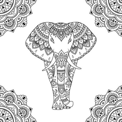 Poster  Seamless decorative ornament in ethnic oriental style. Circular pattern in form of mandala and African elephant for Henna, Mehndi, tattoo, decoration.