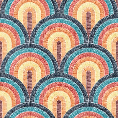 Poster  Seamless embroidered pattern. Wavy bohemian print. Patchwork ornament. Vector illustration.