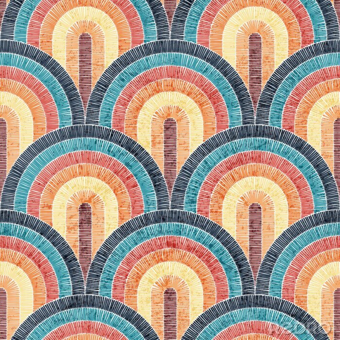 Poster  Seamless embroidered pattern. Wavy bohemian print. Patchwork ornament. Vector illustration.