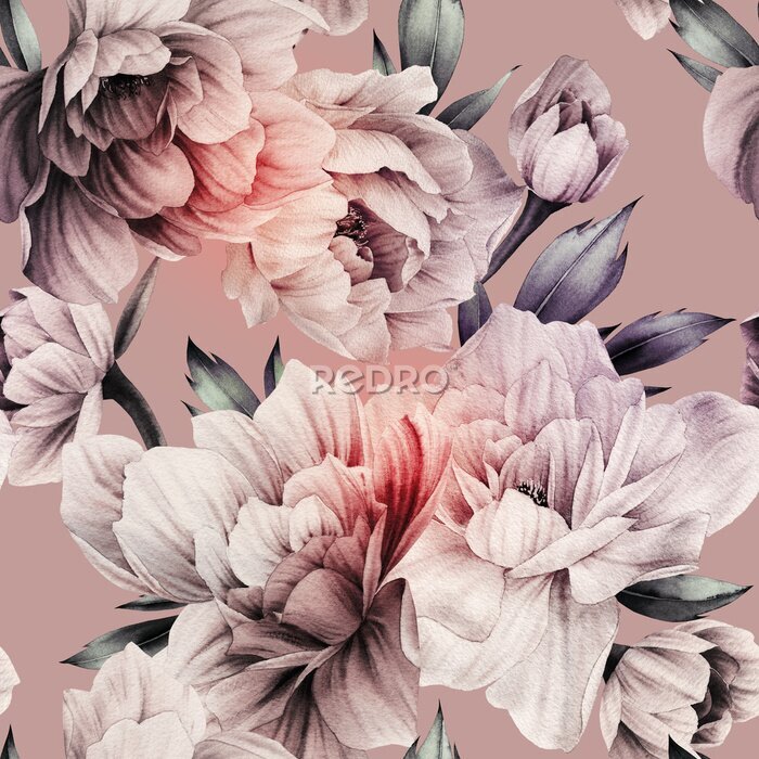 Poster  Seamless floral pattern with peonies flowers on summer background, watercolor illustration. Template design for textiles, interior, clothes, wallpaper