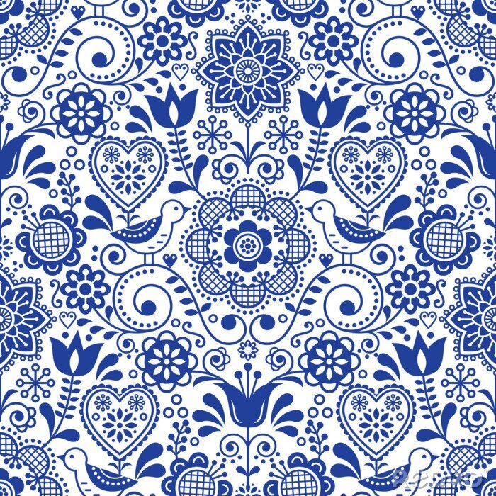 Poster  Seamless folk art vector pattern with birds and flowers, Scandinavian navy blue repetitive floral design