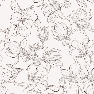 Papier peint à motif  Seamless pattern, background with blooming magnolia flowers. Outline drawing.
