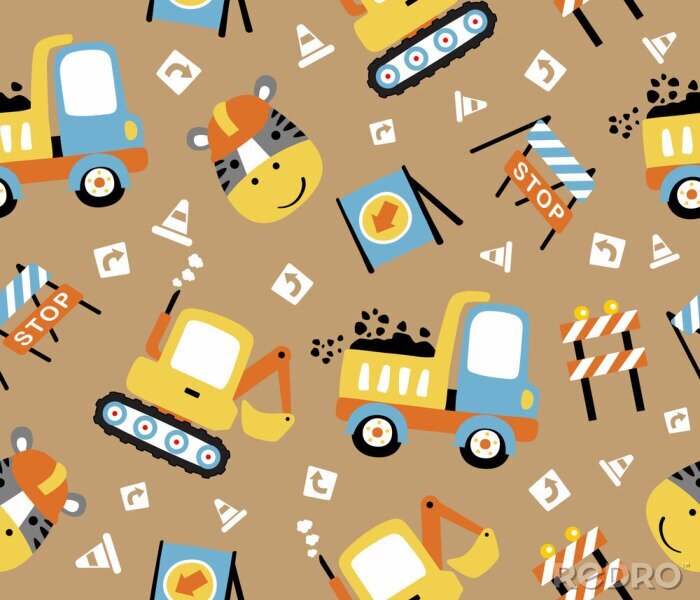 Poster  seamless pattern cartoon of construction vehicles, construction signs  with a zebra the funny worker