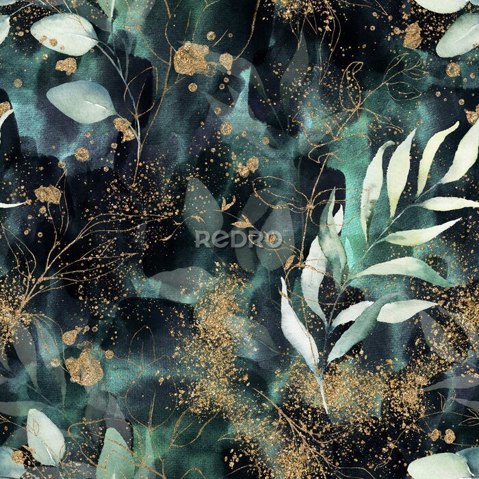 Poster  Seamless pattern. Floral branch on gold, dark, navy, purple, emerald, green and turquoise watercolor texture design. Rough brush stroke. Illustration. Liquid, water, fluid, cloud, abstract background.