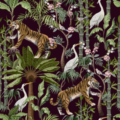 Papier peint à motif  Seamless pattern in chinoiserie style with tiger, heron and jungle trees.