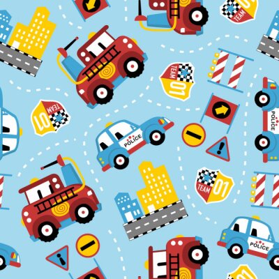 seamless pattern of rescue team cartoon. Firefighter, police car, in the city.