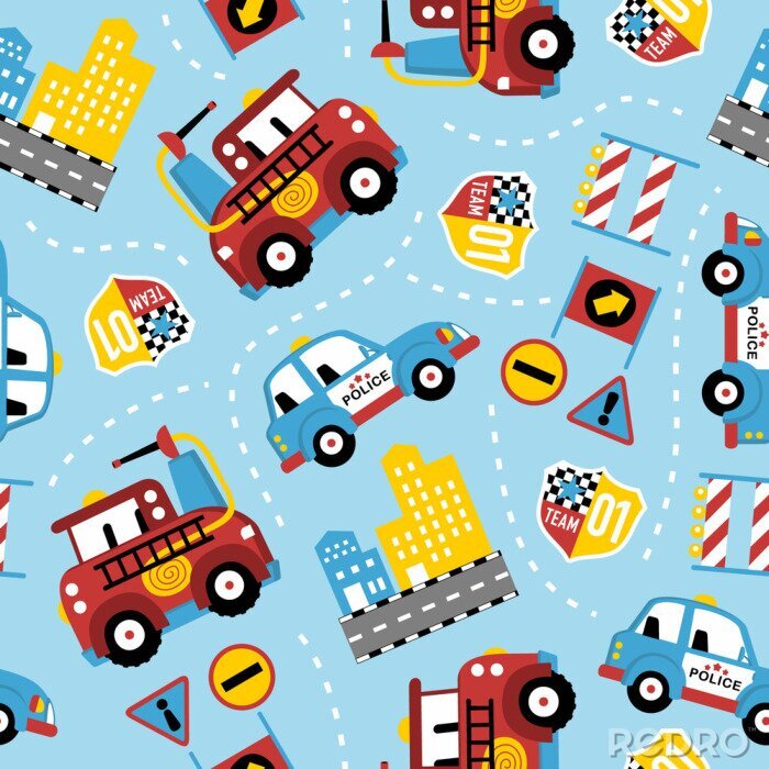 Poster  seamless pattern of rescue team cartoon. Firefighter, police car, in the city.