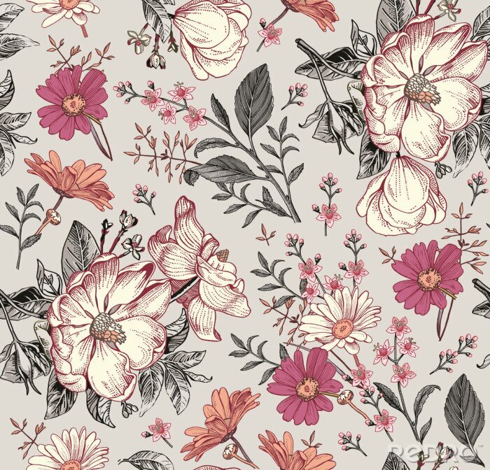 Poster  Seamless pattern. Realistic blooming isolated flowers Vintage fabric background. Beautiful Rosehip chamomile croton wildflowers. Wallpaper baroque. Drawing engraving. Vector victorian Illustration