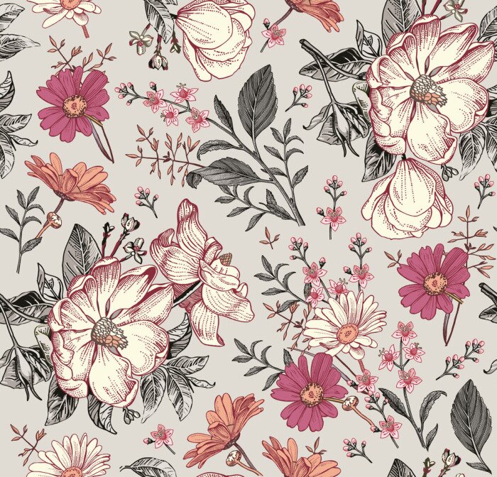 Poster  Seamless pattern. Realistic blooming isolated flowers Vintage fabric background. Beautiful Rosehip chamomile croton wildflowers. Wallpaper baroque. Drawing engraving. Vector victorian Illustration