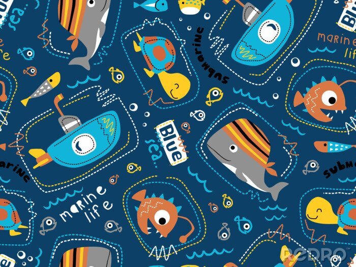Poster  seamless pattern vector of submarine with sea animals cartoon