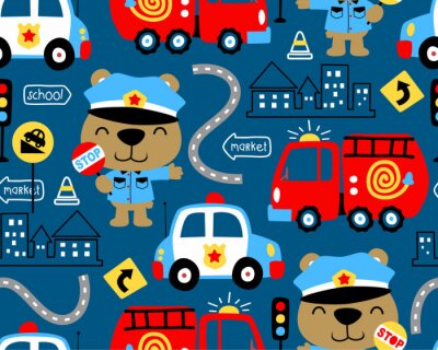 seamless pattern vector of vehicles cartoon with funny cop