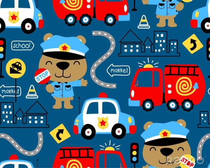 Poster  seamless pattern vector of vehicles cartoon with funny cop