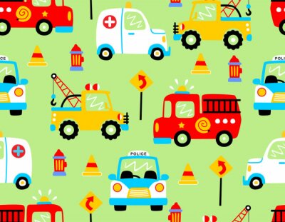seamless pattern vector with rescue vehicles cartoon
