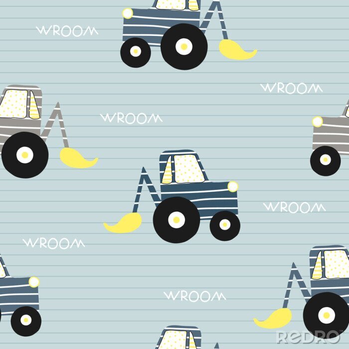 Poster  Seamless pattern with bulldozer. Kids funny textile print. Vector hand drawn illustration.