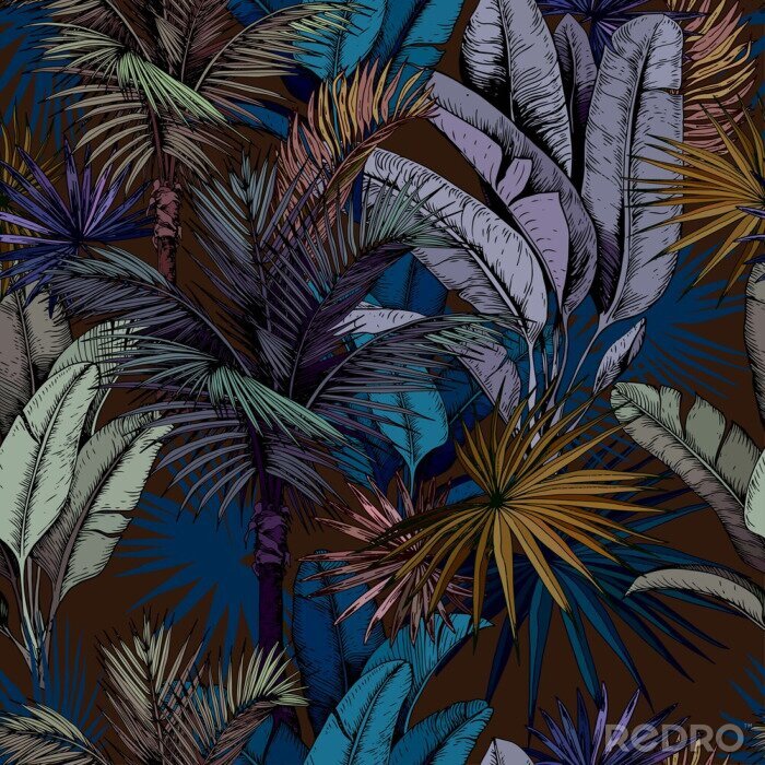 Poster  Seamless pattern with colorful tropical leaves on dark blue background. Hand drawn vector illustration.
