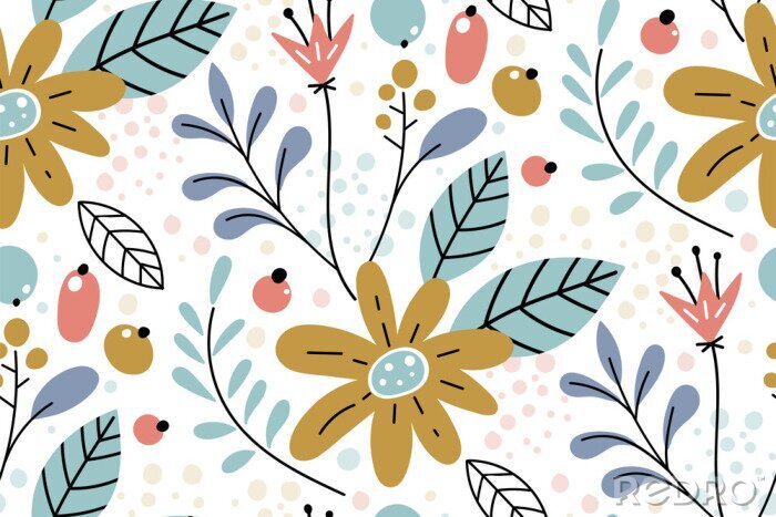 Poster  Seamless pattern with creative decorative flowers in scandinavian style.