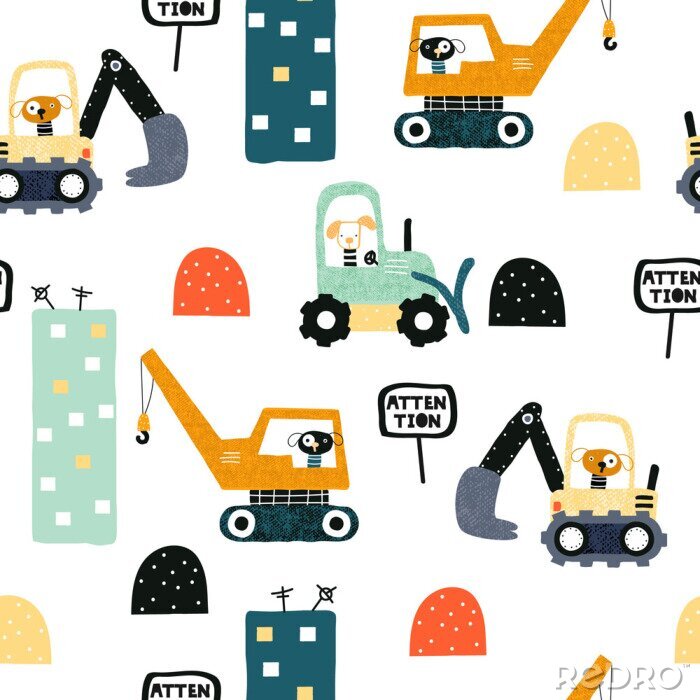 Poster  Seamless pattern with dog worker and heavy transports. Kids funny print. Vector hand drawn illustration.