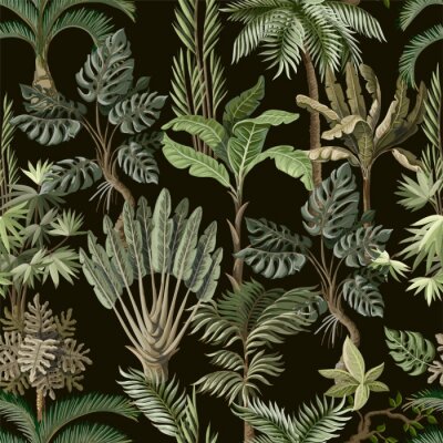 Seamless pattern with exotic trees such us palm, monstera and banana. Interior vintage wallpaper.