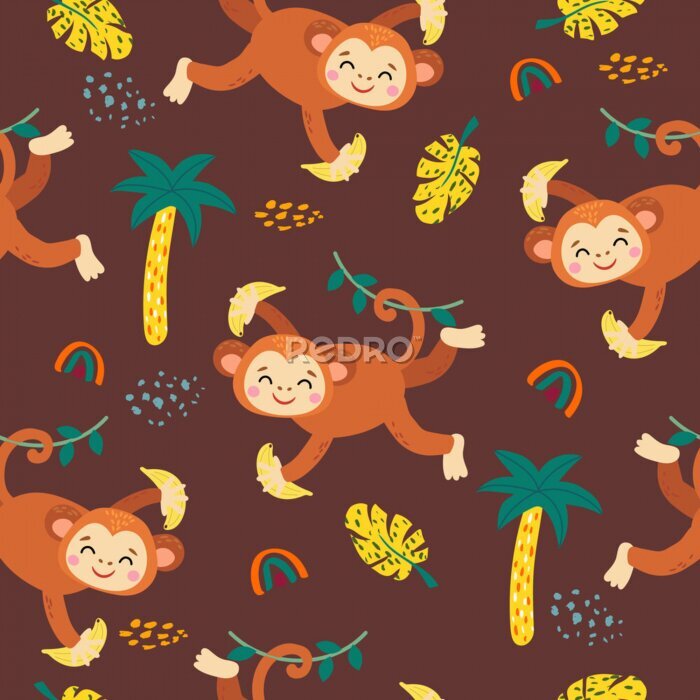Poster  seamless pattern with monkey and plants in a childish cartoon style. vector illustration. for children's textiles and decoration
