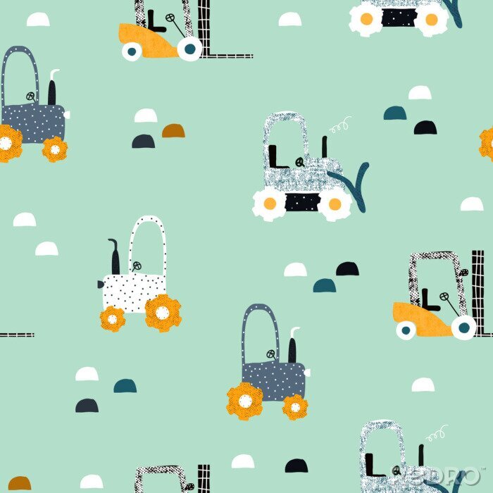 Poster  Seamless pattern with tractor and bulldozer. Funny kids print. Vector hand drawn illustration.
