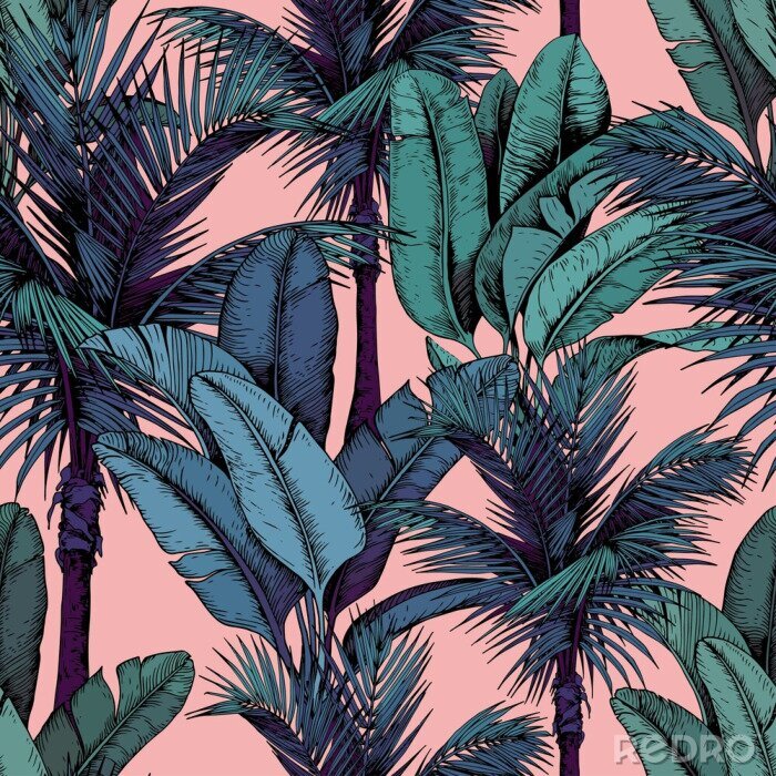 Poster  Seamless pattern with tropical palm and banana leaves on pink background. Hand drawn vector illustration.