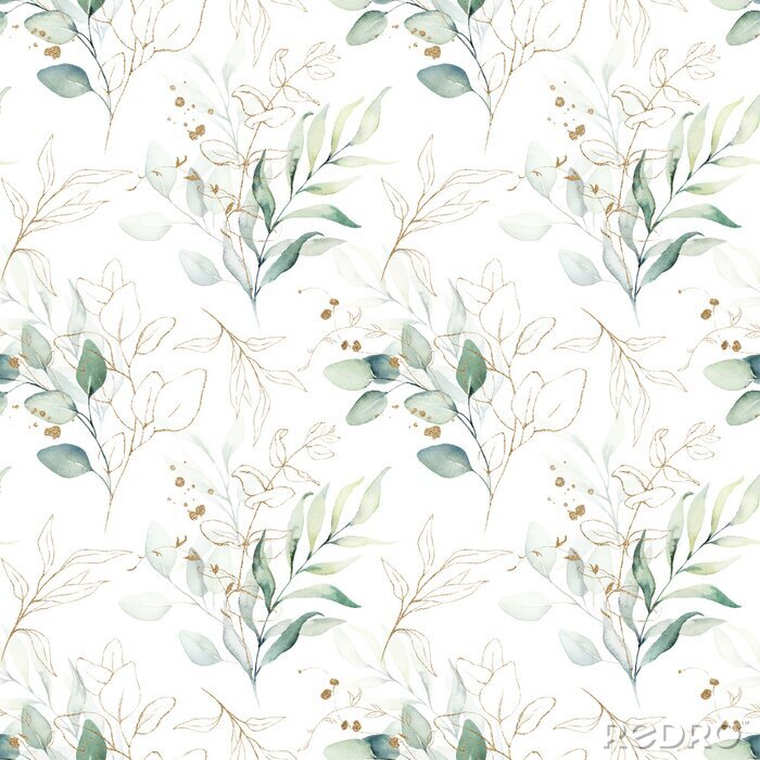 Poster  Seamless watercolor floral pattern - green & gold leaves, branches composition on white background, perfect for wrappers, wallpapers, postcards, greeting cards, wedding invitations, romantic events.