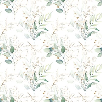 Papier peint à motif  Seamless watercolor floral pattern - green & gold leaves, branches composition on white background, perfect for wrappers, wallpapers, postcards, greeting cards, wedding invitations, romantic events.