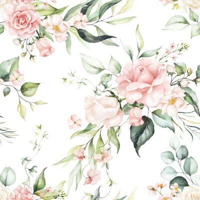 Seamless watercolor floral pattern - pink flowers, green leaves & branches on white background; for wrappers, wallpapers, postcards, greeting cards, wedding invitations, romantic events.