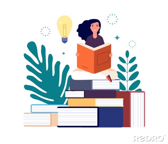 Poster  Self education. Girl reading book, study and gain new knowledge. Woman learns from textbooks. Business studying, have new idea vector concept. Education student read book new knowledge illustration