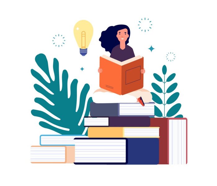 Poster  Self education. Girl reading book, study and gain new knowledge. Woman learns from textbooks. Business studying, have new idea vector concept. Education student read book new knowledge illustration